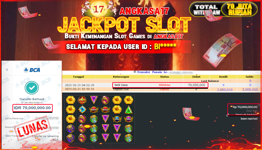 ANGKASA17 id : BI****** MENANG JACKPOT SLOT GATES OF OLYMPUS TOTAL WITHDRAW Rp.70.000.000 ,- LUNAS