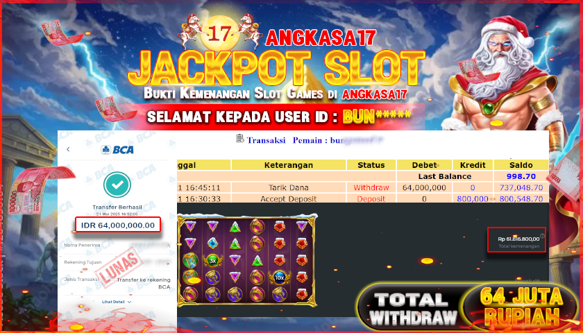ANGKASA17 id : BUN** JACKPOT SLOT GATES OFF OLYMPUS DENGAN TOTAL WITHDRAW Rp. 64.000.000 ,- LUNAS