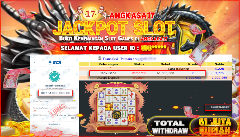 ANGKASA17 id : SIG*** JACKPOT SLOT MAHJONG WINS 3 BLACK SCATTER PRAGMATIC PLAY Rp. 61.000.000 ,- LUNAS