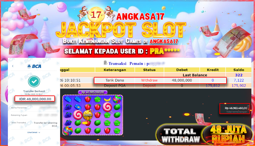 ANGKASA17 id : PRA*** JACKPOT SLOT SWEET BONANZA 1000 Rp. 48.000.000 ,- LUNAS