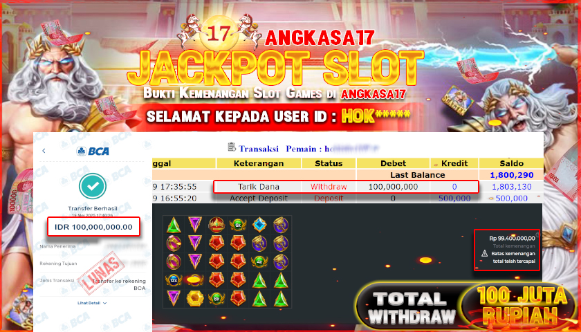 ANGKASA17 id : HOK*** JACKPOT SLOT GATES OF OLYMPUS 1000 Rp. 100.000.000 ,- LUNAS