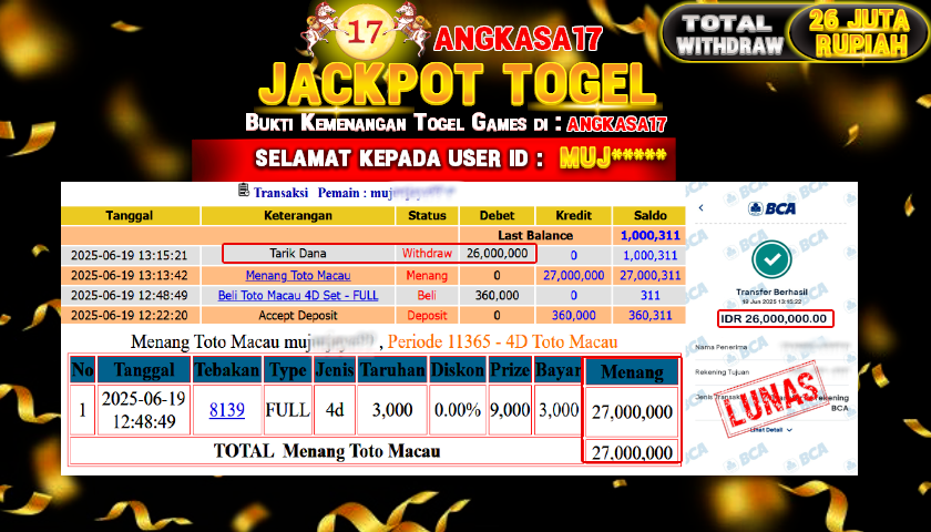 ANGKASA17 id : MUJ*** JACKPOT TOGEL TOTOMACAU4D Rp. 26.000.000 ,- LUNAS