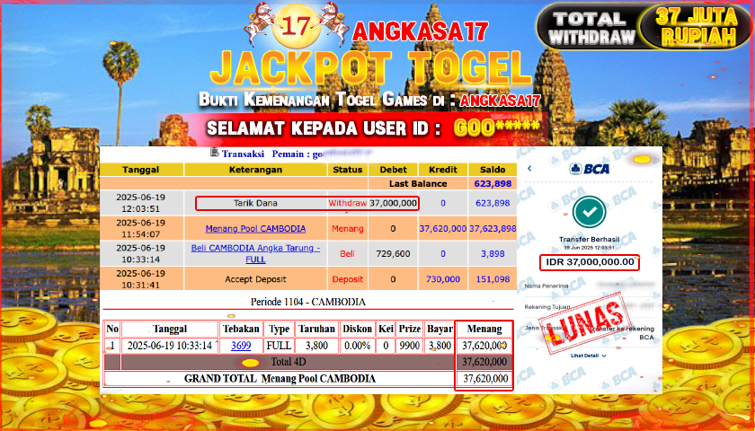 ANGKASA17 id : GOO*** JACKPOT 4D  DI CAMBODIA POOLS Rp. 37.000.000 ,- LUNAS