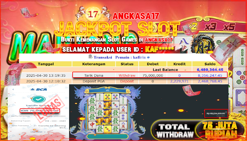 ANGKASA17 id : KAF*** JACKPOT MAHJONG WINS 3 BLACK SCATTER PRAGMATIC PLAY Rp. 75.000.000 ,- LUNAS
