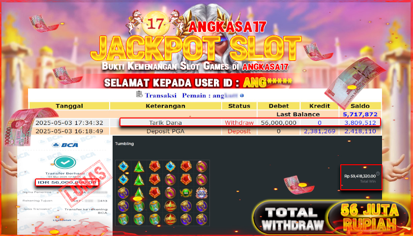 ANGKASA17 id : ANG*** JACKPOT SLOT GATES OF OLYMPUS 1000 PRAGMATIC PLAY Rp. 56.000.000 ,- LUNAS