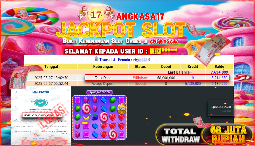 ANGKASA17 id : RIG*** JACKPOT SLOT SWEET BONANZA 1000 PRAGMATIC PLAY Rp. 68.000.000 ,- LUNAS