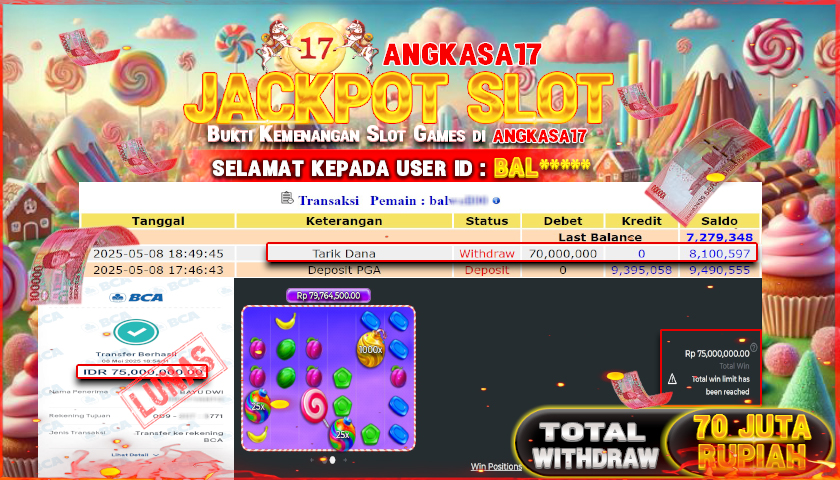 ANGKASA17 id : BAL*** JACKPOT SLOT SWEET BONANZA 1000 PRAGMATIC PLAY Rp. 70.000.000 ,- LUNAS
