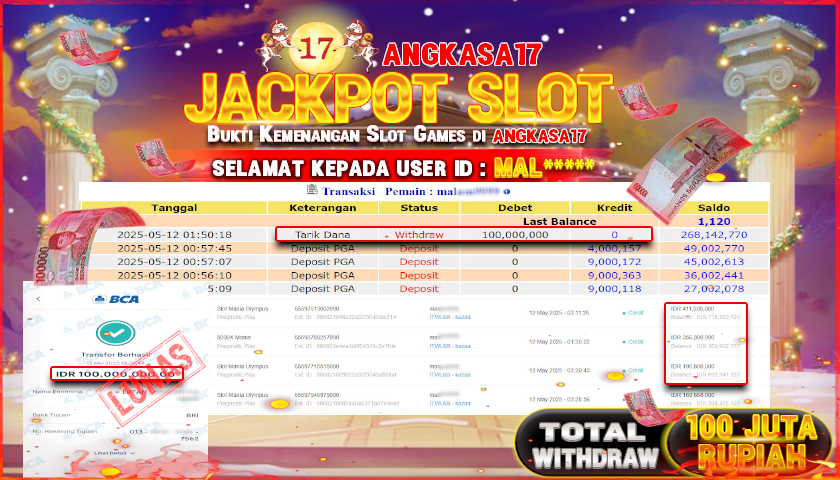 ANGKASA17 id : MAL*** JACKPOT SLOT MANIA OLYMPUS PRAGMATIC PLAY Rp. 100.000.000 ,- LUNAS