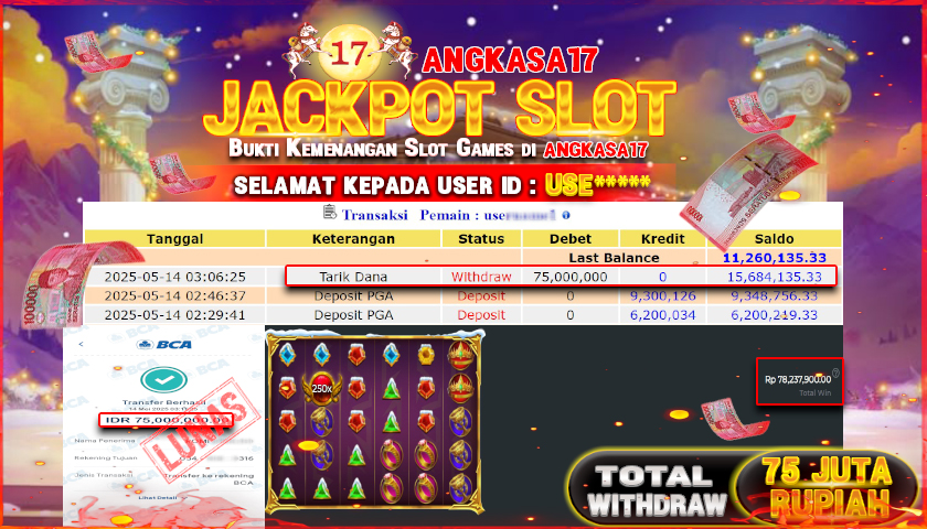 ANGKASA17 id : USE*** JACKPOT SLOT Gates of Olympus Xmas 1000 PRAGMATIC PLAY Rp. 75.000.000 ,- LUNAS
