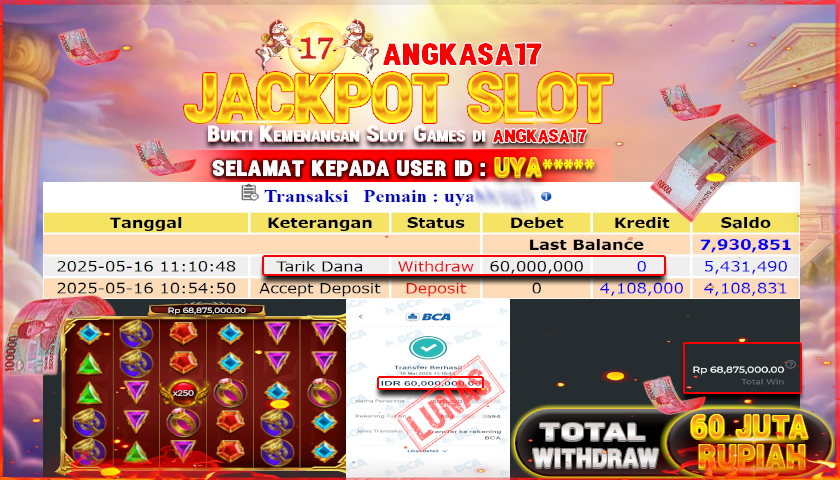 ANGKASA17 id : UYA*** JACKPOT SLOT GATES OF OLYMPUS SUPERSCATTER PRAGMATIC PLAY Rp. 60.000.000 ,- LUNAS