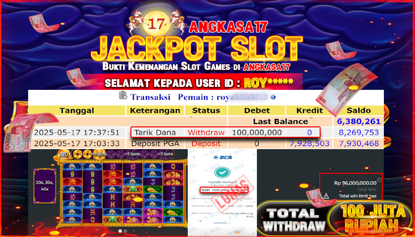 ANGKASA17 id : ROY*** JACKPOT SLOT 5 LION MEGAWAYS2 PRAGMATIC PLAY Rp. 100.000.000 ,- LUNAS