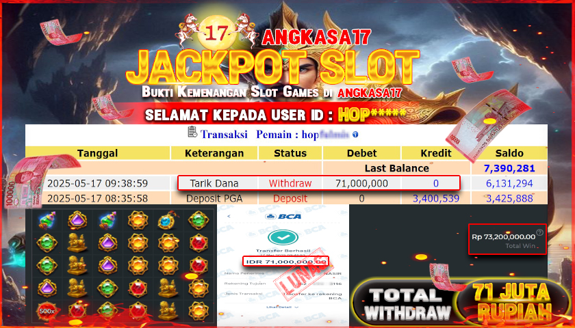 ANGKASA17 id : HOP*** JACKPOT SLOT GATES OF GATOTKACA 1000 PRAGMATIC PLAY Rp. 71.000.000 ,- LUNAS