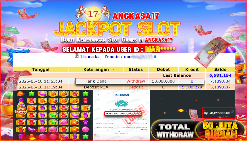 ANGKASA17 id : MAR*** JACKPOT SLOT SUGAR RUSH 1000 PRAGMATIC PLAY Rp. 50.000.000 ,- LUNAS