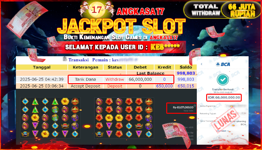 ANGKASA17 id : KES****** MENANG JACKPOT SLOT GATES OF OLYMPUS 1000 TOTAL WITHDRAW Rp.66.000.000 ,- LUNAS