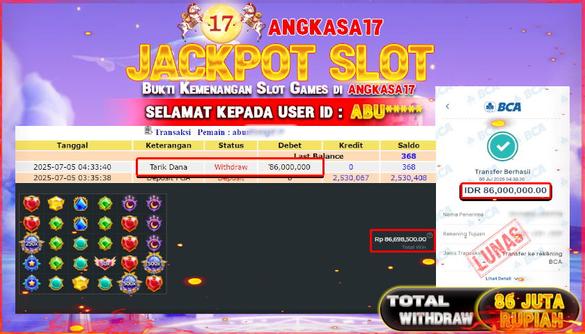 ANGKASA17 id : ABU*** JACKPOT SLOT STARLIGHT PRINCESS 1000 Rp. 86.000.000 ,- LUNAS