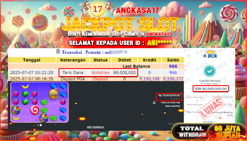 ANGKASA17 id : ASI*** JACKPOT SLOT SWEET BONANZA 1000 Rp. 80.000.000 ,- LUNAS