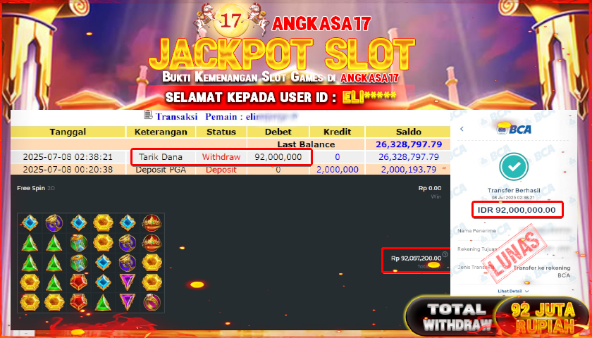 ANGKASA17 id : ELI*** JACKPOT SLOT GATES OF OLYMPUS 1000 Rp. 92.000.000 ,- LUNAS
