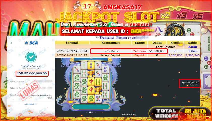 ANGKASA17 id : GEN*** JACKPOT SLOT Mahjong Wins 3 - Black Scatter Rp. 55.000.000 ,- LUNAS