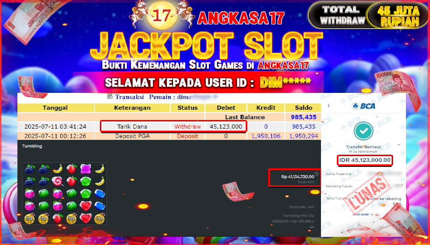 ANGKASA17 id : DIM*** JACKPOT SLOT Sweet Bonanza Xmas Rp. 45.123.000 ,- LUNAS