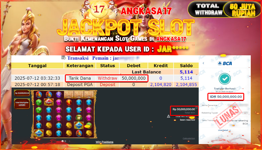 ANGKASA17 id : JAR*** JACKPOT SLOT WISDOM OF ATHENA 1000 Rp. 50.000.000 ,- LUNAS