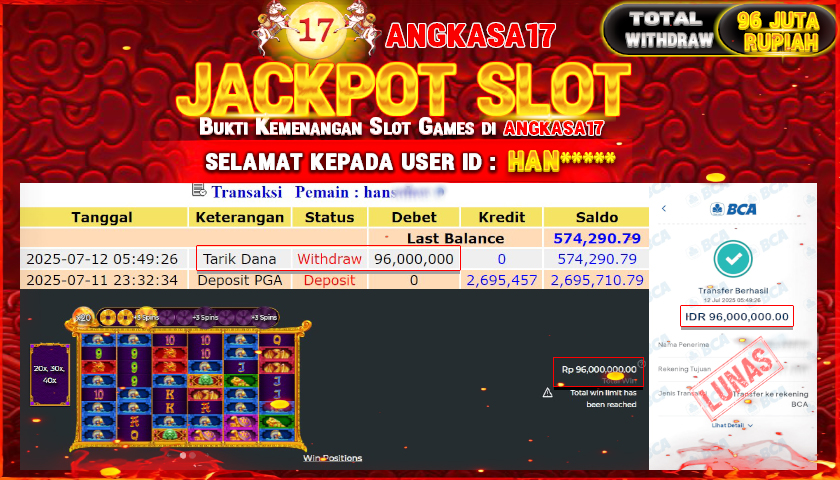 ANGKASA17 id : HAN*** JACKPOT SLOT 5 LIONS MEGAWAYS Rp. 96.000.000 ,- LUNAS