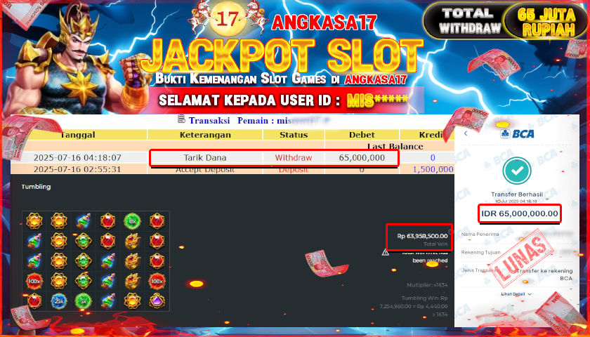 ANGKASA17 id : MIS*** JACKPOT SLOT GATES OF GATOTO KACA 1000 Rp. 65.000.000 ,- LUNAS