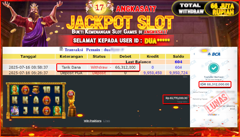 ANGKASA17 id : DUA*** JACKPOT SLOT HANDS OF MIDAS 2 Rp. 66.312.000 ,- LUNAS