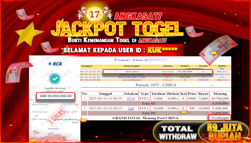 ANGKASA17 id : KUK*** MENANG BESAR DI POOL CHINA DENGAN TOTAL WITHDRAW Rp. 90.000.000 ,- LUNAS