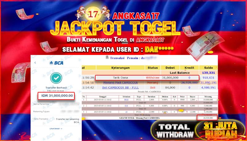 ANGKASA17 id : DAE*** JACKPOT TOGEL CAMBODIA POLLS Rp. 31.000.000 ,- LUNAS
