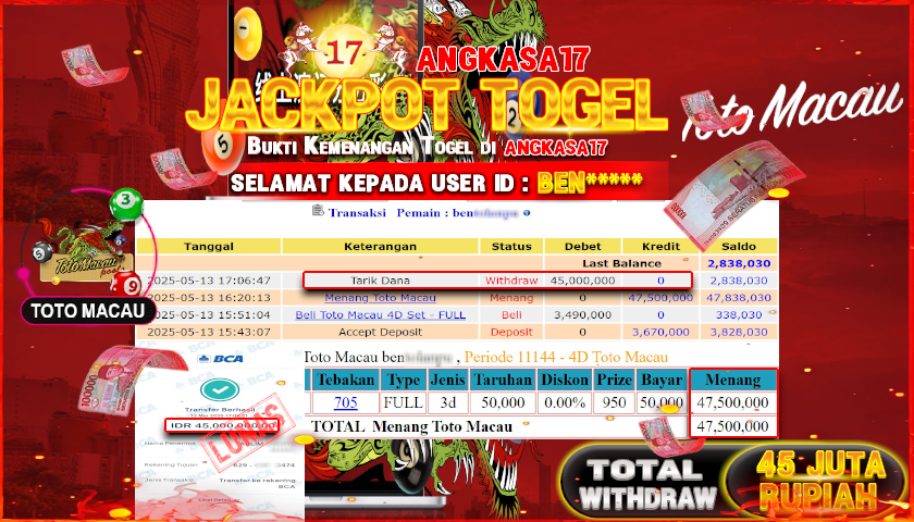 ANGKASA17 id : BEN*** JACKPOT TOGEL TOTOMACAU POLLS Rp. 45.000.000 ,- LUNAS