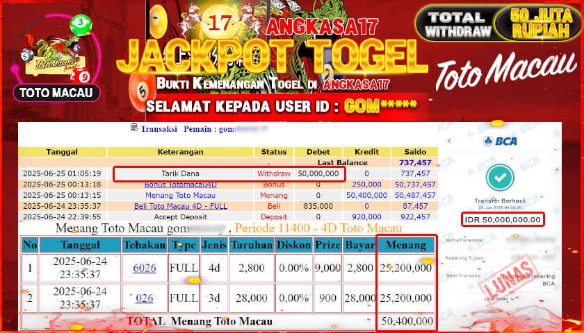 ANGKASA17 id : GOM****** MENANG JACKPOT TOGEL 43D DI TOTOMACAU P6  TOTAL WITHDRAW Rp.50.000.000 ,- LUNAS