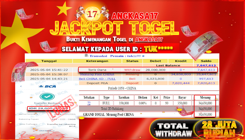 ANGKASA17 id : TUK*** JACKPOT TOGEL CHINA POLLS Rp. 28.000.000 ,- LUNAS