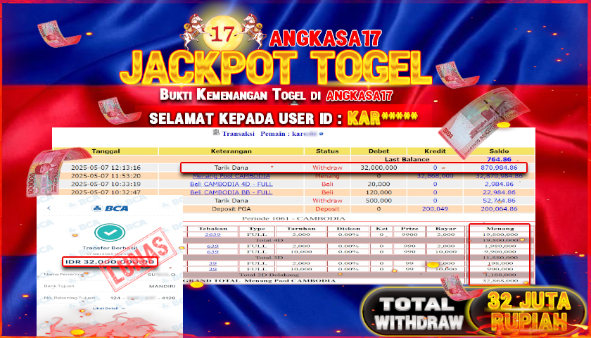 ANGKASA17 id : KAR*** JACKPOT TOGEL CAMBODIA POLLS Rp. 32.000.000 ,- LUNAS