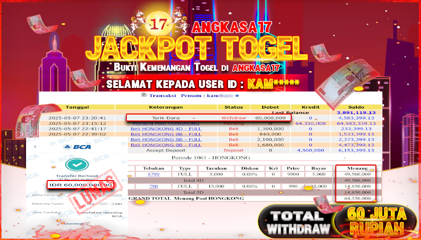 ANGKASA17 id : KAM*** JACKPOT TOGEL HONGKONG LOTTO Rp. 60.000.000 ,- LUNAS