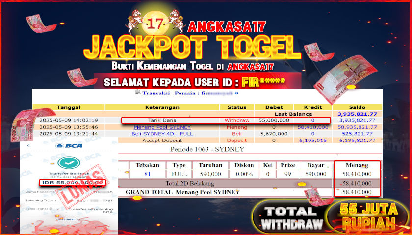 ANGKASA17 id : FIR*** JACKPOT TOGEL SYDNEY LOTTO Rp. 55.000.000 ,- LUNAS