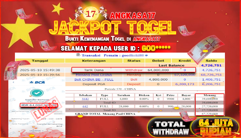 ANGKASA17 id : GOO*** JACKPOT TOGEL CHINA POLLS Rp. 64.000.000 ,- LUNAS