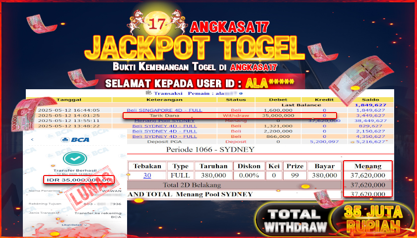 ANGKASA17 id : ALA*** JACKPOT TOGEL SYDNEY LOTTO Rp. 35.000.000 ,- LUNAS
