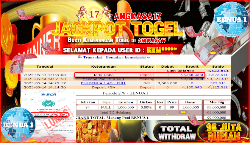ANGKASA17 id : KEM*** JACKPOT TOGEL BENUA1 POLLS Rp. 95.000.000 ,- LUNAS