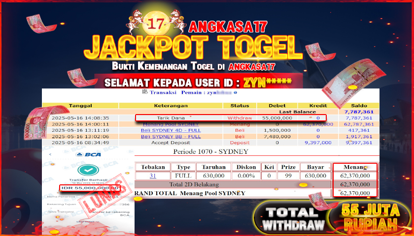 ANGKASA17 id : ZYN*** JACKPOT TOGEL SYDNEYLOTTO Rp. 55.000.000 ,- LUNAS