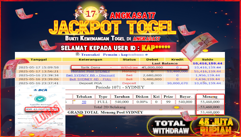ANGKASA17 id : KAP*** JACKPOT TOGEL SYDNEY LOTTO Rp. 45.000.000 ,- LUNAS