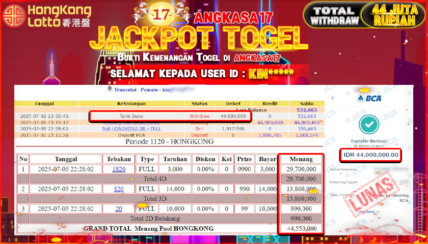 ANGKASA17 id : KIN*** JACKPOT TOGEL 432D DI HONGKONG LOTTO Rp. 44.000.000 ,- LUNAS