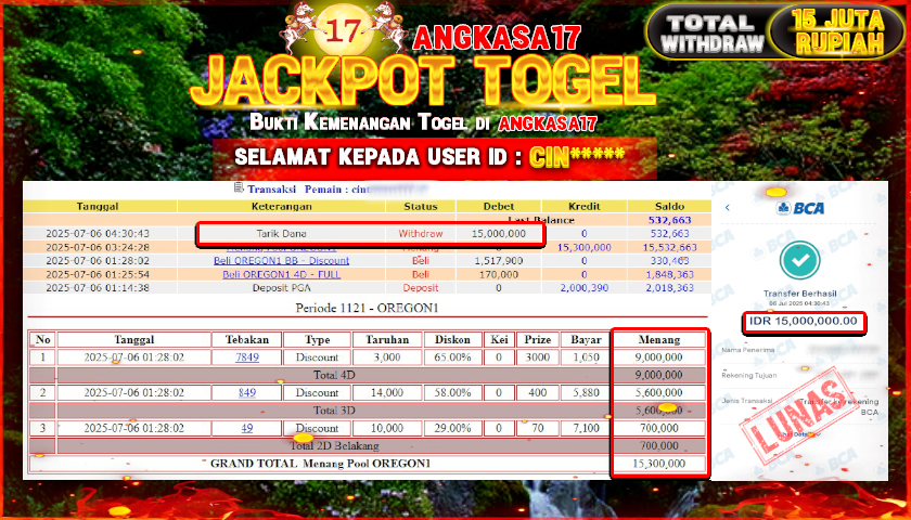 ANGKASA17 id : CIN*** JACKPOT TOGEL 432D DI OREGON 1 Rp. 15.000.000 ,- LUNAS