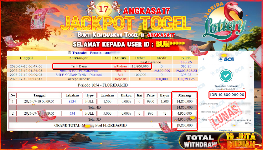 ANGKASA17 id : SUN*** JACKPOT TOGEL 43D DI PASARAN FLORIDAMID Rp. 19.800.000 ,- LUNAS
