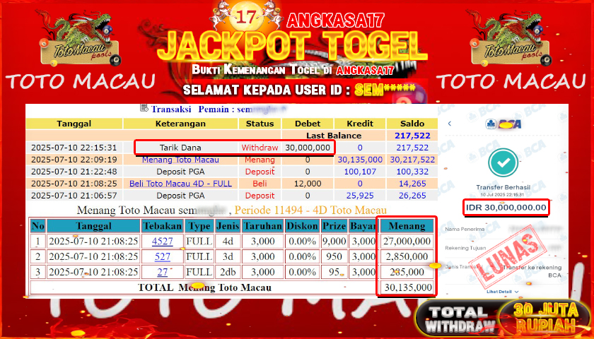 ANGKASA17 id : SUN*** JACKPOT TOGEL 432D DI PASARAN TOTOMACAU P4 Rp. 30.000.000 ,- LUNAS