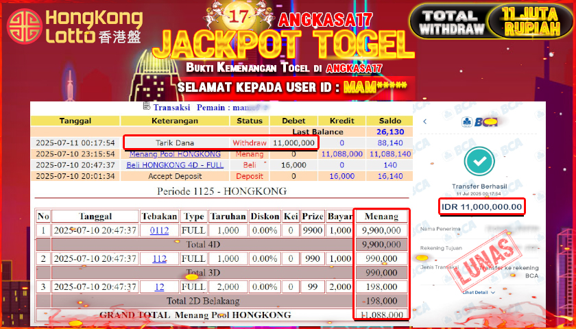 ANGKASA17 id : MAM*** JACKPOT TOGEL 432D DI PASARAN HONGKONG LOTTO Rp. 11.000.000 ,- LUNAS