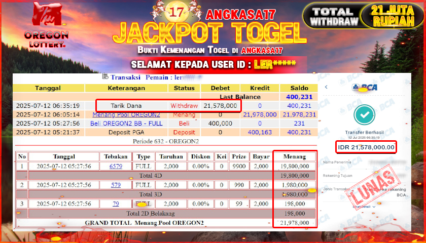 ANGKASA17 id : LER*** JACKPOT TOGEL 432D DI POOLS OREGON2 Rp. 21.578.000 ,- LUNAS