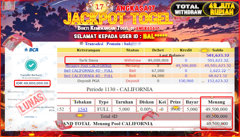 ANGKASA17 id : BAL*** JACKPOT TOGEL 4D DI PASARAN CALIFORNIA Rp. 49.000.000 ,- LUNAS