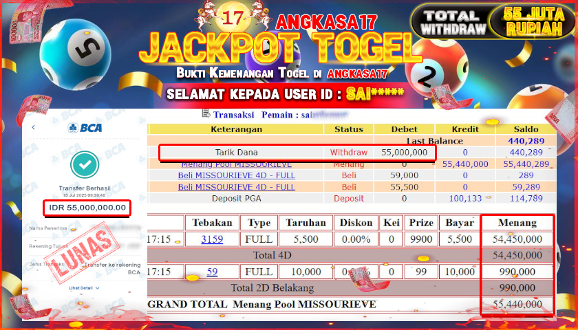 ANGKASA17 id : SAI*** JACKPOT TOGEL 42D DI PASARAN MISSOURIEVE Rp. 55.000.000 ,- LUNAS