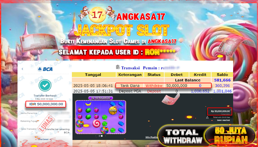 ANGKASA17 id : RON*** JACKPOT SWEET BONANZA 1000 Rp. 50.000.000 ,- LUNAS