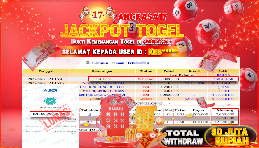 ANGKASA17 id : KEB*** JACKPOT TOGEL HONGKONG LOTTO Rp. 50.000.000 ,- LUNAS